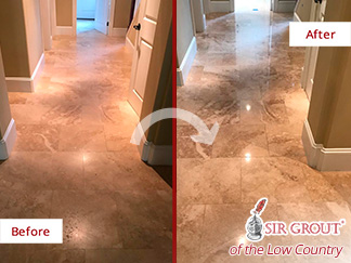 Picture of a Floor Before and After a Stone Polishing in Charleston, SC