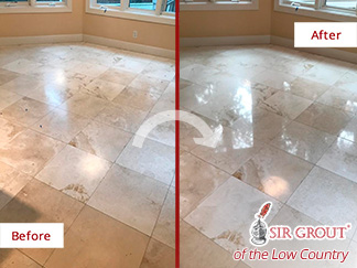 Travertine Floor Before and After a Stone Honing in Hilton Head Island
