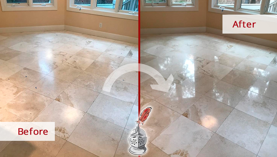 Travertine Floor Before and After a Stone Honing in Hilton Head Island