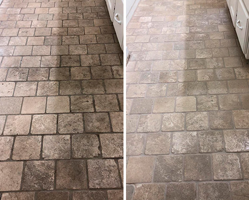 Travertine Bathroom Floor Before and After a Stone Cleaning in Beaufort