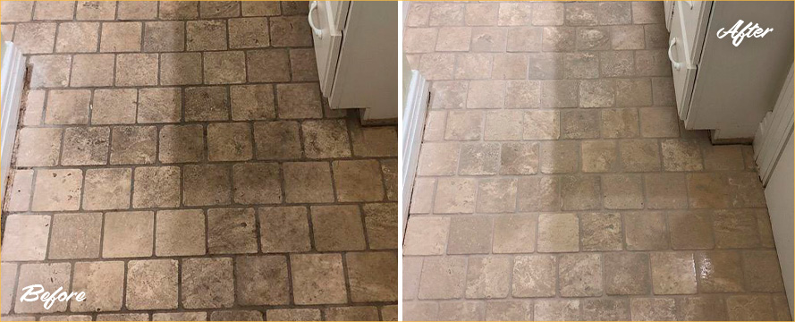 Travertine Bathroom Floor Before and After a Stone Cleaning in Beaufort