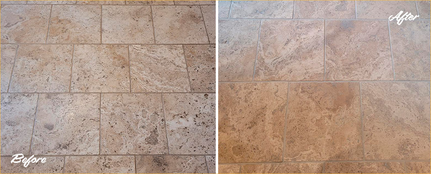 Travertine Floor Before and After Our Stone Cleaning in Ridgeland, SC