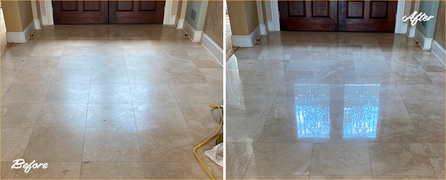 Travertine Floor Before and After a Stone Polishing in Bluffton, SC