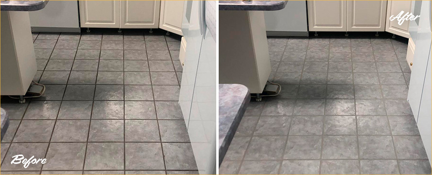 Kitchen Floor Before and After Our Grout Recoloring in Savannah, SC