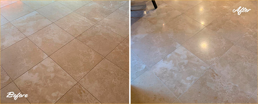 Travertine Floor Before and After a Stone Honing in Beaufort, SC