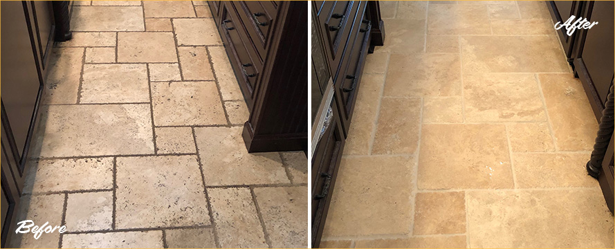Travertine Floor Before and After Our Stone Sealing in Pooler, SC