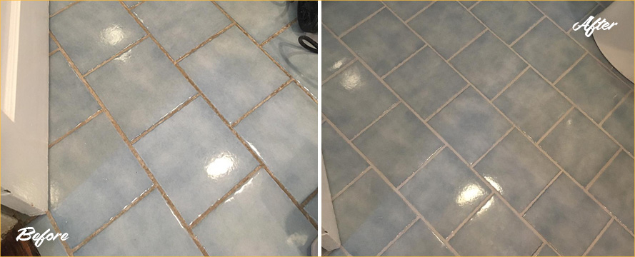 Bathroom Tile Floor Before and After a Grout Cleaning in Beauford