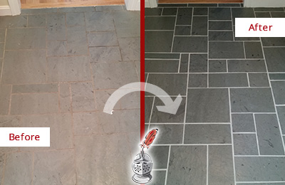 Before and After Picture of Stained Slate Floor Cleaned and Color Enhanced to Restore Its Original Color