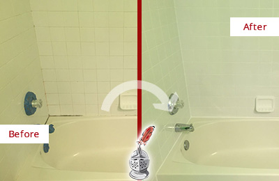 Picture of a Bathtub with Moldy Joints Before and After our Tub Recaulking