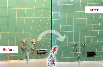 Picture of a Green Tile Bathroom with Damaged Caulking Before and After Picture a Tub Recaulking on the Tub Joints