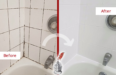 Before and After Picture of a Bathroom Grout Caulking in a Bathtub Area
