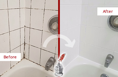 Sir Grout Recaulked this Bathroom Shower to Repair Water Damage Picture of a White Tile Shower with Moldy Caulk Before and After a Bathroom Recaulking Service