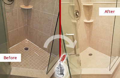 Sir Grout Caulks this Porcelain Tile Bathroom to Avoid Water Leakages Picture of a Porcelain Tile Shower with Damaged Caulking Before and After a Bathroom Recaulking