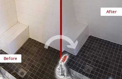 Sir Grout Caulked this Bathroom Shower's Seat Joints to Replace Old Caulking Picture of a Bathroom with Damaged Caulking on Shower's Seat Joints Before and After a Bathroom Recaulking