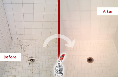 Picture of a White Shower with Damaged Caulking Before and After our Bathroom Recaulking Service