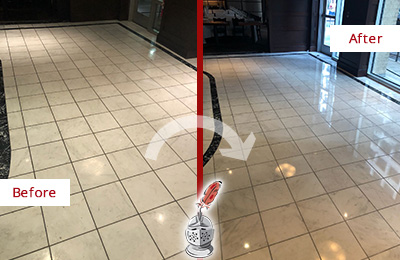 Sir Grout of the Low Country Stone Services Help Maintain, Clean, and Polish Building Lobbies and Commercial Offices Stone Surfaces Picture of a Building Marble Entrance Floor Before and After Stone Restoration, Cleaning and Polishing