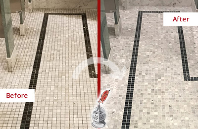 Sir Grout of the Low Country Stone Cleaning Services Can Help Repair the Look of this Grimy Hospital's Restroom Before and After Picture of a Hospital Travertine Bathroom Floor Stone Cleaning Service