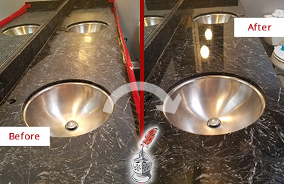 Sir Grout of the Low Country Stone Services Are Ideal for Enhancing Restrooms Marble Countertops and Keep Them Perfect All Year Round Picture of an Office Restroom's Marble Countertop Before and After Color Enhancement and Restoration
