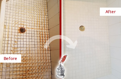 Before and After Picture of Grout Cleaning on a Shower to Remove Rust Stains