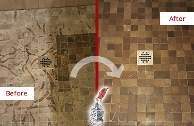 Before and After Picture of a Tile Cleaning on Marble Floor