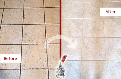 Before and After Picture of Tile Floor with Dirty Grout