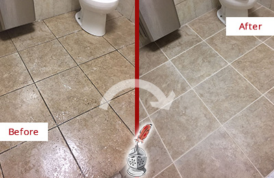 Before and After Picture of a Thunderbolt Restroom Tile and Grout Cleaned to Remove Soil