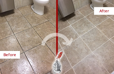 Sir Grout Cleans this Port Wentworth Restroom Tile and Grout to Remove Soil Before and After Picture of a Port Wentworth Restroom Tile and Grout Cleaned to Remove Soil