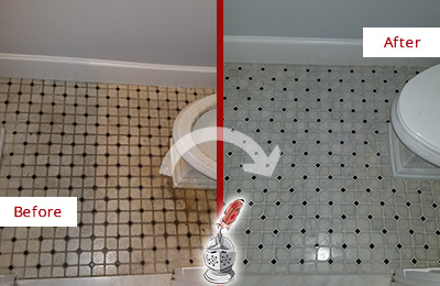 Before and After Picture of a Tybee Island Bathroom Tile and Grout Cleaned to Remove Stains