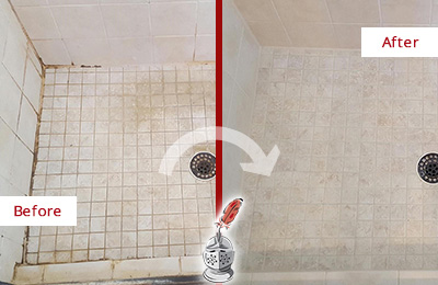 Before and After Picture of a Port Royal Shower Caulked to Fix Cracks