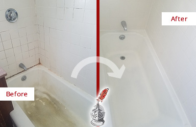 Before and After Picture of a Thunderbolt Bathtub Caulked to Repair Cracks