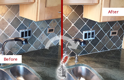 Sir Grout Caulks this Pooler Backsplash Caulked to Fix and Prevent Water Leaks Before and After Picture of a Pooler Backsplash Caulked to Fix and Prevent Water Leaks