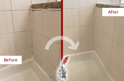 Sir Grout Caulks this Pooler Shower Caulked to Repair Damaged Caulking Before and After Picture of a Pooler Shower Caulked to Repair Damaged Caulking