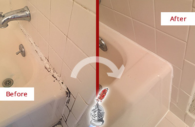 Before and After Picture of a Savannah Bathroom Sink Caulked to Fix a DIY Proyect Gone Wrong