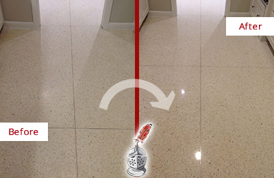 Sir Grout Polishes this Hilton Head Island Granite Stone Floor to Repair Dullness Before and After Picture of a Hilton Head Island Granite Stone Floor Polished to Repair Dullness