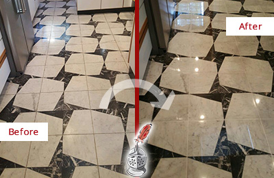 Sir Grout Polishes this Dull Hilton Head Island Marble Stone Floor To Recover Its Luster Before and After Picture of a Dull Hilton Head Island Marble Stone Floor Polished To Recover Its Luster