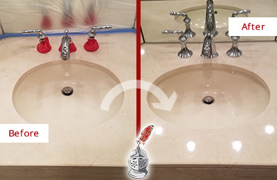 Sir Grout Polishes this Dull Hilton Head Island Marble Stone Vanity Top to Bring-Back Its Sheen Before and After Picture of a Dull Hilton Head Island Marble Stone Vanity Top Polished to Bring-Back Its Sheen