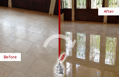 Sir Grout Polishes this Dull Hilton Head Island Travertine Stone Floor to Recover Its Gloss Before and After Picture of a Dull Hilton Head Island Travertine Stone Floor Polished to Recover Its Gloss