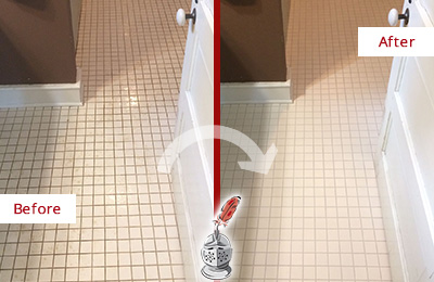 Before and After Picture of a Daniel Island Bathroom Floor Sealed to Protect Against Liquids and Foot Traffic