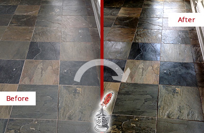 Sir Grout Seals this Dull Meggett Slate Floor to Bring Back Its Colors Before and After Picture of a Dull Meggett Slate Floor Sealed to Bring Back Its Colors