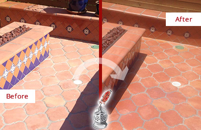Sir Grout Seals this Dull Meggett Terracotta Patio Floor For UV Protection Before and After Picture of a Dull Meggett Terracotta Patio Floor Sealed For UV Protection