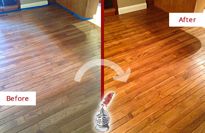 Sir Grout Restored This Dull Lincolnville Wood Floor with a Deep Cleaning Service to Recover Its Sheen Before and After Picture of a Lincolnville Wood Deep Cleaning Service on a Dull Floor to Recover Its Sheen