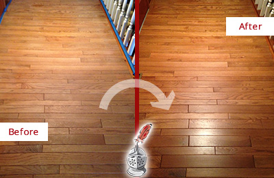 Sir Grout Restored This Dull Lincolnville Hallway Floor with a Deep Cleaning Service Before and After Picture of a Lincolnville Wood Deep Cleaning Service on a Dull Hallway