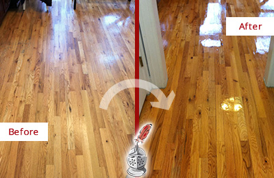Sir Grout Restored This Worn Out Lincolnville Hallway Floor with a Deep Cleaning Service Before and After Picture of a Lincolnville Wood Deep Cleaning Service on a Worn Out Hallway
