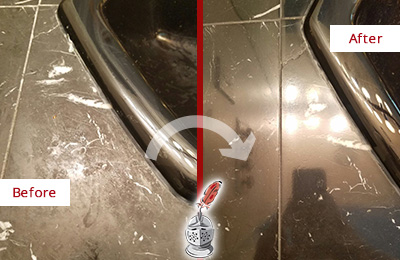 Before and After Picture of a Rockville Marble Countertop Cleaned to Remove Deep Dirt