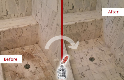 Sir Grout Cleans this Dirty Beaufort Marble Shower to Eliminate Dark Stains Before and After Picture of a Dirty Beaufort Marble Shower Cleaned to Eliminate Dark Stains