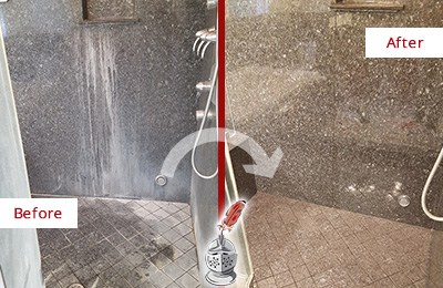 Sir Grout Cleans this Beaufort Granite Shower to Remove Mineral Deposits Before and After Picture of a Beaufort Granite Shower Cleaned to Remove Mineral Deposits