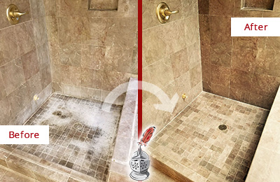 Sir Grout Cleans this Beaufort Travertine Shower to Eliminate Water Spots Before and After Picture of a Beaufort Travertine Shower Cleaned to Eliminate Water Spots