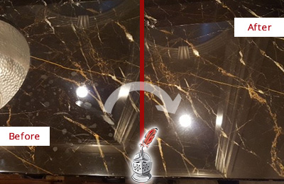 Before and After Picture of a Mount Pleasant Marble Countertop Cleaned to Remove Water Spots