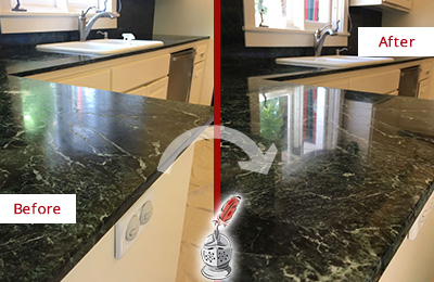 Sir Grout Seals the Stone of this Pooler Granite Kitchen Countertop For Extra Protection Before and After Picture of a Pooler Granite Kitchen Countertop Stone Sealed For Extra Protection