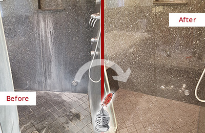 Before and After Picture of a Vernonburg Granite Shower Stone Sealed to Avoid Mineral Deposits